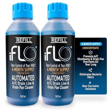 iFLO® Smart A/C Drain Line Cleaner and Drain Pan Cleaner Cartridge Concentrate, Fast-Acting, Long-Lasting HVAC System Solution for Tough Clogs & Buildup, 6-Month Supply per Bottle, 2 Pack of 36oz
