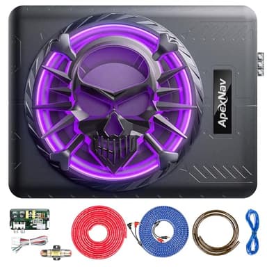 10" 1200W Slim Under Seat Powered Car Subwoofer, Car/Truck Audio subwoofer and amp Package,Pure Bass sub with LED Ambient Light (Subwoofer+Installation Wire Kit)