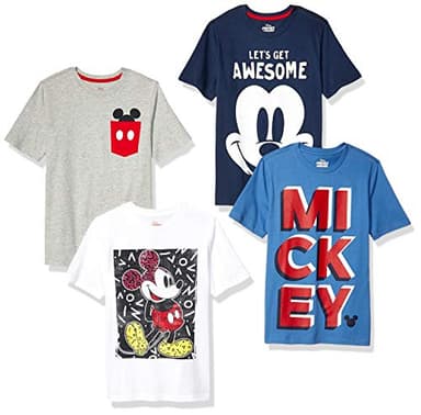 Amazon Essentials Disney | Marvel | Star Wars Boys' Short-Sleeve T-Shirts, Pack of 4, Grey/Navy/Blue/Mickey Awesome, Large