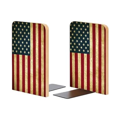 Wood Bookends Non-Slip Bookends Book Stand for Shelves Books/CD - Vintage America Flag