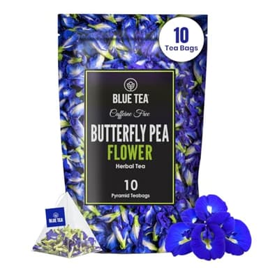 BLUE TEA - Butterfly Pea Flower Tea - 10 Count - Pyramid Plant Based Tea Bag | ANTIOXIDANT RICH | Flower Based - Detox Tea - Herbal Tea - Caffeine Free - Non-Bitter | Zipper Pack