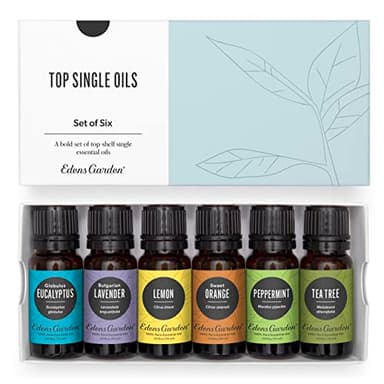 Edens Garden Top Essential Oils 6 Set – 100% Pure Therapeutic Grade, Undiluted: Lavender, Peppermint, Eucalyptus, Tea Tree, Lemongrass, Sweet Orange – Aromatherapy Oil for Diffusers, 10 ml/ 6 Pack