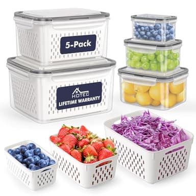 HOTEC 5-Pack Large Fruit Storage Container for Fridge Leak proof with Removable Colander, BPA Free Dishwasher & microwave safe Largest 4.15L