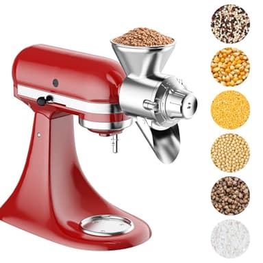 HOZODO Grain Mill Attachment for KitchenAid Stand Mixer, All Metal 9 Levels Flour Mill for KitchenAid, Suitable for Fully Dried Low-Moisture, Low-Oil Grains, Grain Corn, Millet, Wheat,Sliver