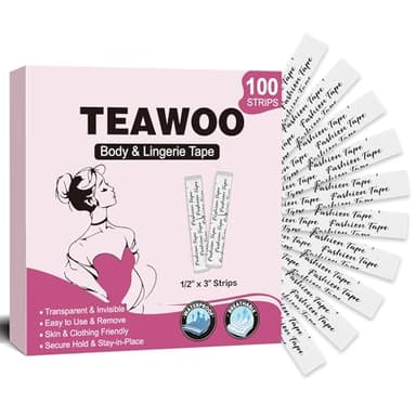TEAWOO 100 Strips Double Sided Fashion Tape for Clothes – Hypoallergenic Invisible Fabric Tape, Strong Hold Body Tape for Dresses/Necklines, Skin-Friendly Clothing Tape
