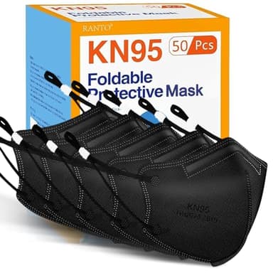 RANTO Kids KN95 Masks for Children, 50 Pack 5 Ply KN95 Mask for Kids with Elastic Ear Loop, Children's Mask with Soft Sponge Nose Bridge, Breathable Face Masks for Girls Boys Outdoor School Black