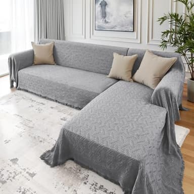 Rose Home Fashion Geometric Jacquard Sectional Couch Covers for Sectional Sofa - 2 Pieces Washable L Shape Couch Cover Blanket with Tassels, Furniture Protector for Dogs (X-Large, Light Gray)