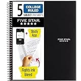 Five Star Spiral Notebook + Study App, 5 Subject, College Ruled Paper, Fights Ink Bleed, Water Resistant Cover, 8-1/2" x 11", 200 Sheets, Black (72081)
