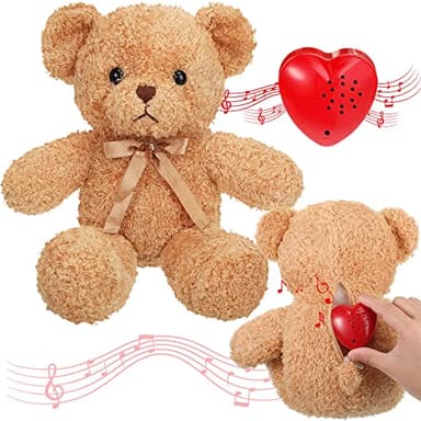 Hungdao 16 Inch Bear Stuffed Animal with Voice Recorder Set 60 Seconds Heart Shaped Voice Sound Recorder Module Soft Plush Bear with Zipper for Boy Girl Valentines Day(Light Brown)
