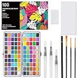 100 Colors Watercolor Paint Set, Including Metallic, Macarons, Fluorescent Colors, Water Brush Pen, Portable Palette, Art Supplies for Adult Beginners & Professional Artists