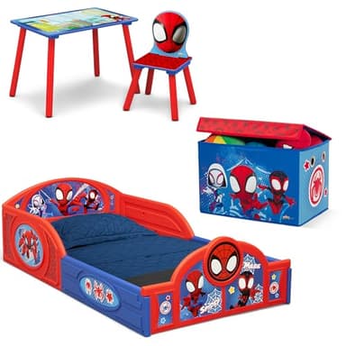 Delta Children - Marvel Spidey and His Amazing Friends 4-Piece Toddler Room-in-a-Box Set – Includes Sleep and Play Toddler Bed, Table, 1 Chair and Fabric Toy Box, Blue/Red