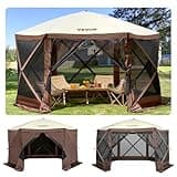 VEVOR 12 * 12ft 6 Sided Pop-up Canopy Shelter Tent with Mesh Windows, Portable Carry Bag, Stakes, Large Shade Tents for Outdoor Camping, Lawn and Backyard, Brown/Beige