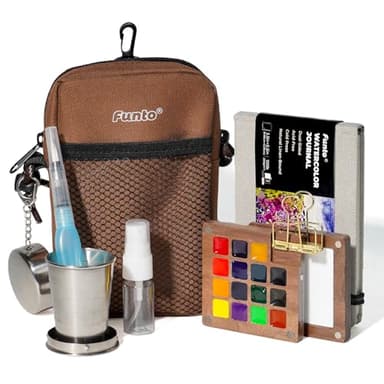 Funto Mini Watercolor Paint Set, All-in-One Walnut Wood 15-Color Premium Pocket Travel Paint Kit, with Crossbody Bag,Watercolor Journal, Metal Clip, Paint Water Cup, Water Brush Ideal for Art Lovers