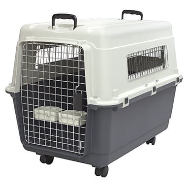 SportPet Airline Compliant LARGE 28.75" Travel Dog Kennel-Durable Plastic Airline Pet Carrier w/ Removable Wheels & Food Bowls, Collapsible Indoor/Outdoor Dog Kennel, Dogs up to 28"L & 20"H-Cream/Gray