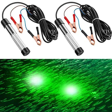 Geelin 2 Pcs 12v 10w Green Underwater Fishing Light Submersible Lure Bait LED Fishing Attracting Light Night Green Glow Finder Lamp for Pool Boat Sea Ice Crappie Squid Shad Shrimp