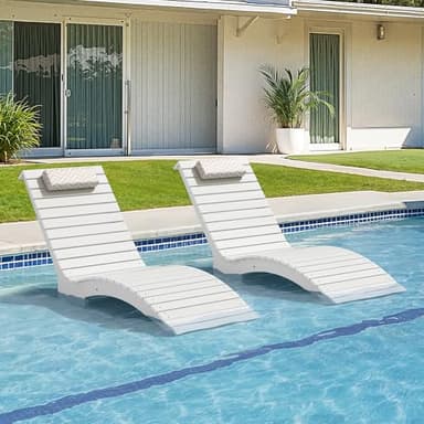 Compsia Pool Lounge Chairs Outdoor Set of 2，HDPS Long Pool Chairs for in Pools, Weighted All Weather Tanning Chair with Headrest，Chaise Lounge for Outside Beach Patio Sun Bathing Hotel, White