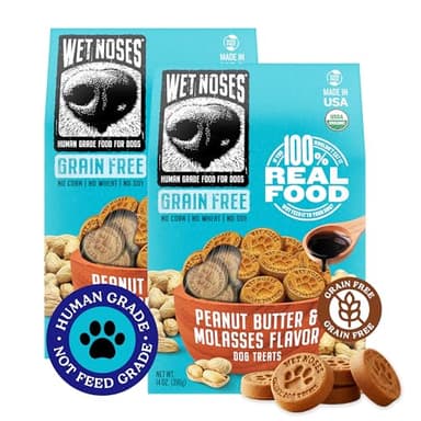 Wet Noses Organic Crunchy Dog Treats – All-Natural, Human-Grade, Non-GMO, Healthy Training & Delicious Snacks for Dogs, for All Dog Sizes & Breeds – Grain Free Peanut Butter & Molasses, 14oz (2 Pack)