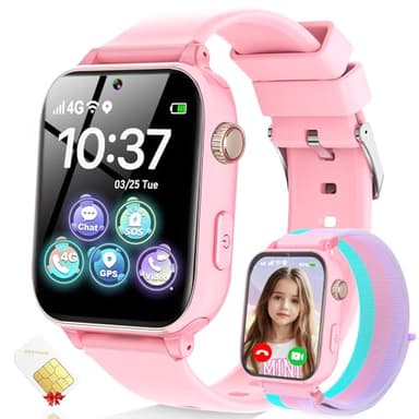 MOKAST 4G Kids Smart Watch for Boys Girls, Kid Watch Phone Ages 4-12 with Call, GPS, SOS, Video Call, Games, Camera, Alarm, Touchscreen Smartwatch for Children Birthday Gift (Includes SIM Card), Pink