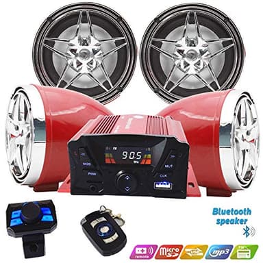 XYC 12V Motorcycle Waterproof FM USB 4 Channel 3 Inch UTV ATV Golf Car CartBluetooth Player Speaker FM Radio Stereo WRemote Control for iPhone/iPod/MP3 (Red&Silver)