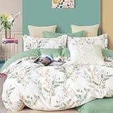 ALEISSEL Natural Cotton 3pcs Botanical Comforter Sets Queen Size-Green Comforter with Luxurious Tan & Gray Leaves on White, Reversible Lightweight Floral Bedding Sets(Full/Queen)