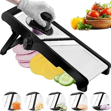 WELTONHM Mandoline Slicer, Adjustable Mandoline Slicer for Kitchen, Stainless Steel Mandolin Vegetable Chopper for Potato, Julienne Cutter with Cut-Resistant Gloves, Black