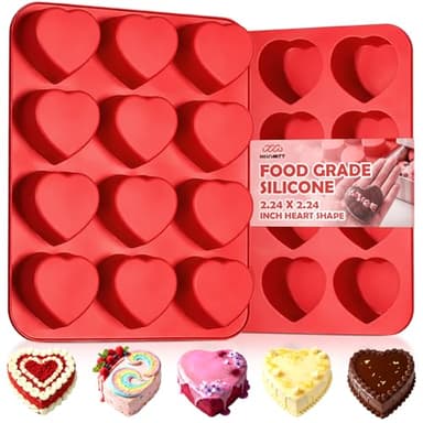 HKNMTT Silicone Heart Molds Valentine's Day for Chocolate Muffin Chocoflan Cake Egg Bites Jello Soap Cupcake Baking, 12 Cavities 2 Pack Love Shapes Red Dessert Pan Handmade DIY Gift Oven Safe Mould