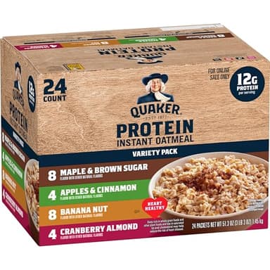Quaker Instant Oatmeal, Protein 4 Flavor Variety Pack, 7g+ Protein, Individual Packets, 24 Count