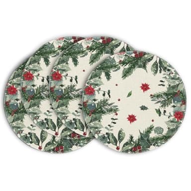 Artoid Mode Poinsettia Holly Leaves Merry Christmas Round Placemats Set of 4, 14 Inch Winter Round Table Mats for Dining Decoration