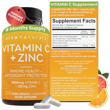 Viva Naturals Vitamin C and Zinc Supplement (250 Capsules) - 1000 mg Vitamin C with Zinc 20 mg Antioxidant Supplements for Immune Support, Vitamin Supplement for Adults