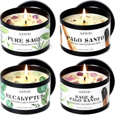 AOOVOO 4 Pack Sage Candles - Sage, Palo Santo, Sage & Palo Santo, Eucalyptus Mint Candle Set with Crystals & Decor, 26oz 200 Hours Long Lasting, Non Toxic Candles for Spiritual House Energy Cleansing