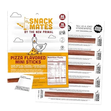 New Primal Snack Mates Pepperoni Pizza Chicken Sticks, Gluten Free Healthy Snacks for Kids, Low Sugar High Protein Back to School Snacks, Mini Paleo Jerky Meat Stick, 8g Protein, 50 Calories, 10 Pack