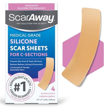 ScarAway Advanced Silicone Scar Sheets for C-Section, Reusable Strips (1.5” x 7”) for Hypertrophic and Keloid Scars from C-Section & Other Surgeries, 4 Sheets