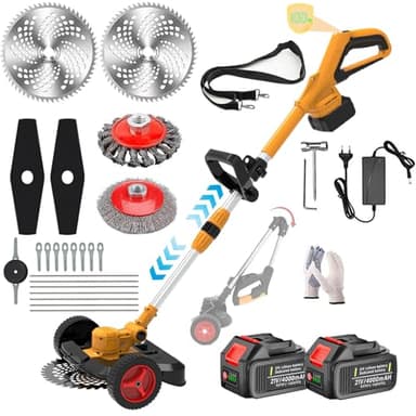 Windpost Foldable Electric Weed Wacker with Wheels,Cordless Grass Trimmer with 21V 2X4.0Ah Batteries and Charger,Lightweight Brush Cutter/Edger/Mowe with 5 Types Blade for Lawn,Garden and Yard