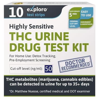 Exploro Marijuana Urine Drug Test Kit (10 Pack) - THC Tests for Home Use - Weed Detox Testing Kits with 50ng/ml Cutoff Level, Ease of Use