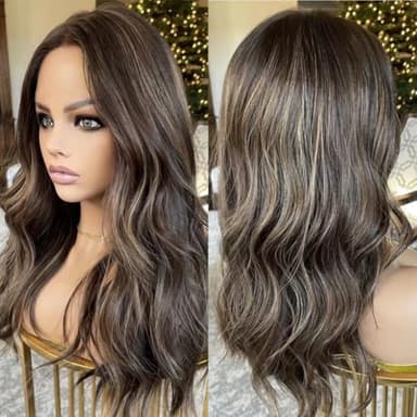 Ash Blonde Silk Top Lace Front Wig Human Hair Ombre Brown Highlight Wig 13x4 Silk Base Body Wave Human Hair Wigs For Women (150 Density, 14inch)