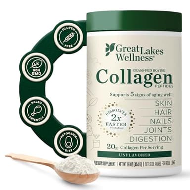 Great Lakes Wellness Collagen Peptides Powder – Supports Skin, Hair, Nails, Joints & Digestion – Hydrolyzed, Quick Dissolve, Non-GMO, Keto & Kosher – Pure Collagen Protein (16 oz, 22 Servings)