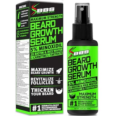 Minoxidil for Beard Growth – 5% Serum with 2X Biotin & Rice Water, Promotes Thicker, Fuller Facial Hair, Ideal for Patchy Areas, Revitalizes Follicles