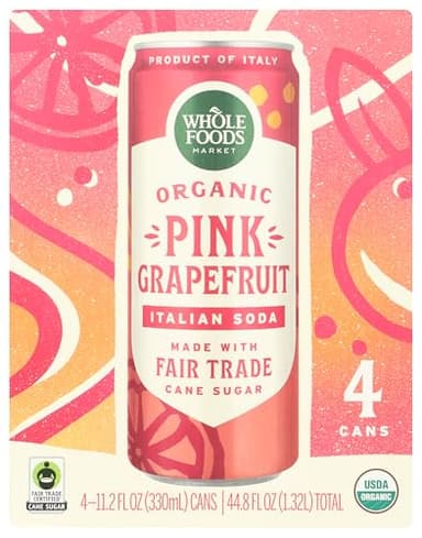 Whole Foods Market Organic Pink Grapefruit Italian Soda, 11.2 Fl Oz, 4 Pack