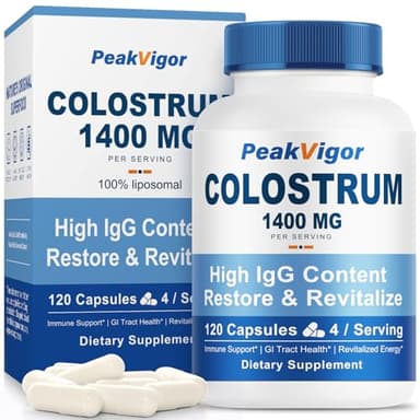 PeakVigor Organic Bovine Colostrum Capsules, 1400mg Colostrum Supplement Powder for Immune & Gut Support, Energy Support, Skin Health, Hair Growth - No Fillers, Non-GMO, 120 Capsules