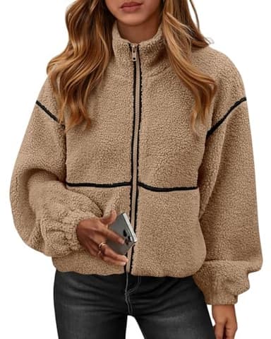 KIRUNDO Sherpa Jacket Women Fleece Oversized Zip Up Winter Coats Fall Jackets Faux Fur Warm Outwear 2026 Fashion Clothing(Khaki, Medium)
