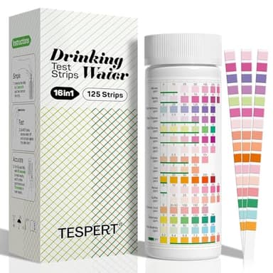 TESPERT Drinking Water Test Strips 125ct 16 in 1 – 30s Quick Screening for Hardness, pH, Iron, Nitrite, Copper, Chlorine, Nitrite, Carbonate,Lead, Alkalinity...Well, Tap, Home, City Water Testing