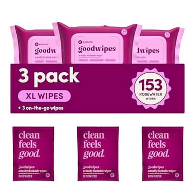 goodwipes Flushable Butt Wipes - Vitamin E & Aloe - Sewer & Septic Safe - Extra Large Adult Wet Wipes For Women & Men - Bathroom Essentials - Rosewater, 153 Count (3 Packs + 3 Individually Wrapped)
