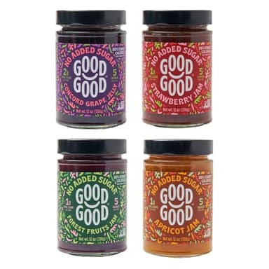 GOOD GOOD No Added Sugar Jam Variety Pack – 4 Jars, Sugar Free Jelly, Keto & Diabetic Friendly, Low Calorie Fruit Spread, Strawberry, Concord Grape, Apricot, Forest Fruit