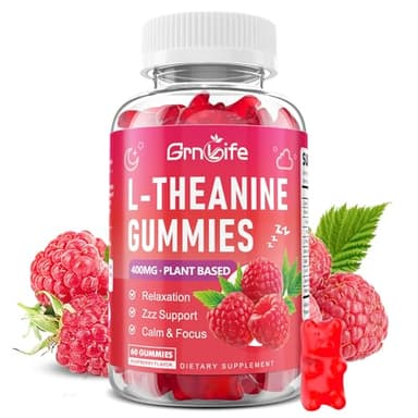 GrnLife L-Theanine Gummies for Kids & Adults, L'Theanine 400mg with Ashwagandha, GABA, 5HTP, L Theanine Supplement for Calm, Zzz & Relaxation Support, Raspberry Flavor, 60 Counts