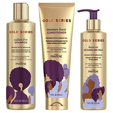 Pantene, Shampoo, Conditioner, and Detangling Milk Hair Treatment Kit, with Argan Oil, Sulfate Free, Pro-V Gold Series, for Natural and Curly Textured Hair