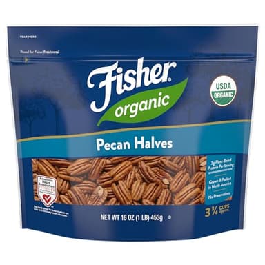 Fisher Organic Pecans Halves 16 oz, USDA Certified Organic, Unsalted Raw Pecans, North American Grown, Non-GMO, No Preservatives, Keto & Paleo Friendly, Heathy Snack for Adults, Resealable Bag