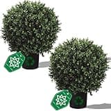 Real Touch Leaves Artificial Topiary Trees, 24" T with 17" W Faux Boxwood, Set of 2 UV Resistant Plants, Decorative Indoor Outdoor Trees with 6"x5" Pots for Home, Office, and Garden Decor