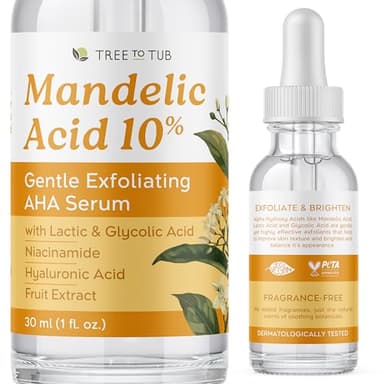 Tree To Tub Mandelic Acid Serum - 10% Gentle Exfoliating AHA Serum w/Lactic & Glycolic Acid for Smoother Skin - Hyaluronic Acid to Hydrate - Vegan Skincare for Men & Women