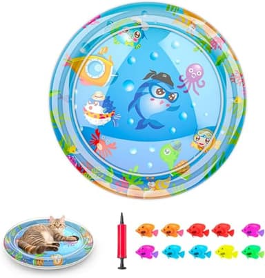 Inflatable Cat Dog Baby Water Mat Toy, [Newly Upgraded, 2 Layers Thickened] Premium Anti-Scratch Leak Proof Mat, with Floating Fish for Indoor Kitten Cats & Kids to Swatting Exercise Hunting (Dolphin)
