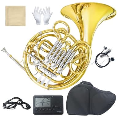 Double French Horn (Fb/Bb) 4 Keys Gold Lacquer - Intermediate Brass Instrument with Case, Mouthpiece and Cleaning Kit - Complete Accessory Kit for Concert Band and Solo Performance (Gold)